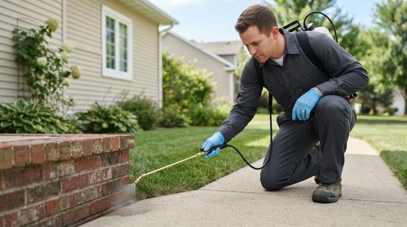 Pest control technician treating a home near Edgeley, ND